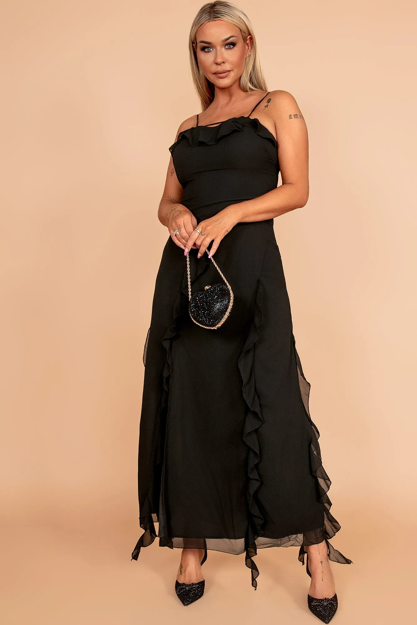 Rochel Black Chiffon Frill Maxi Dress