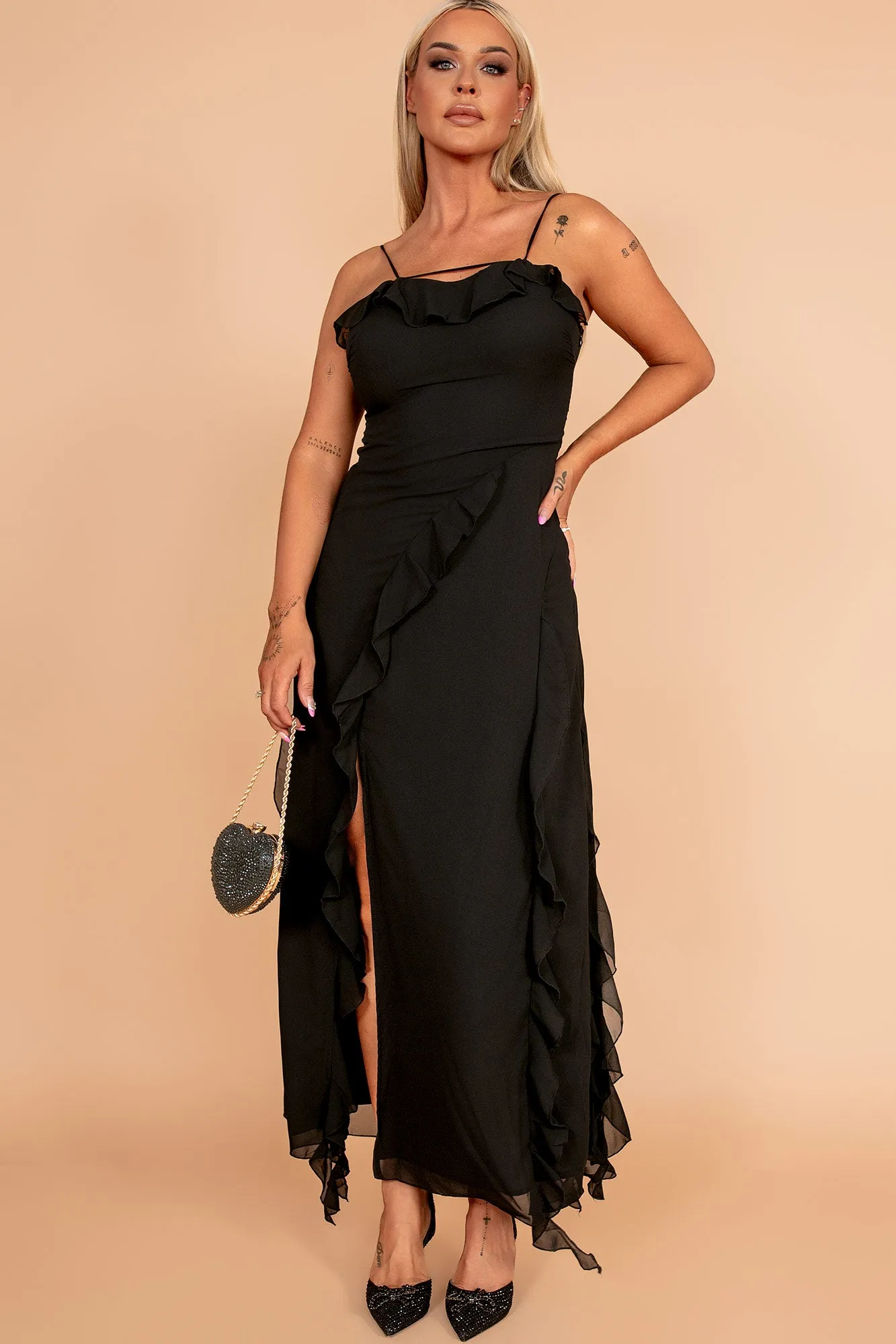 Rochel Black Chiffon Frill Maxi Dress