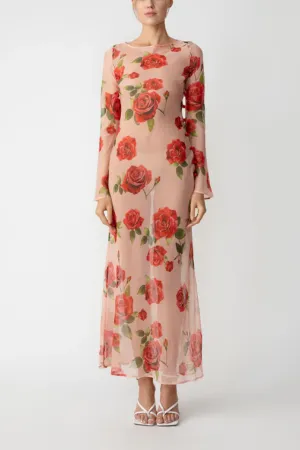 Rose Print Sheer Chiffon Maxi Dress