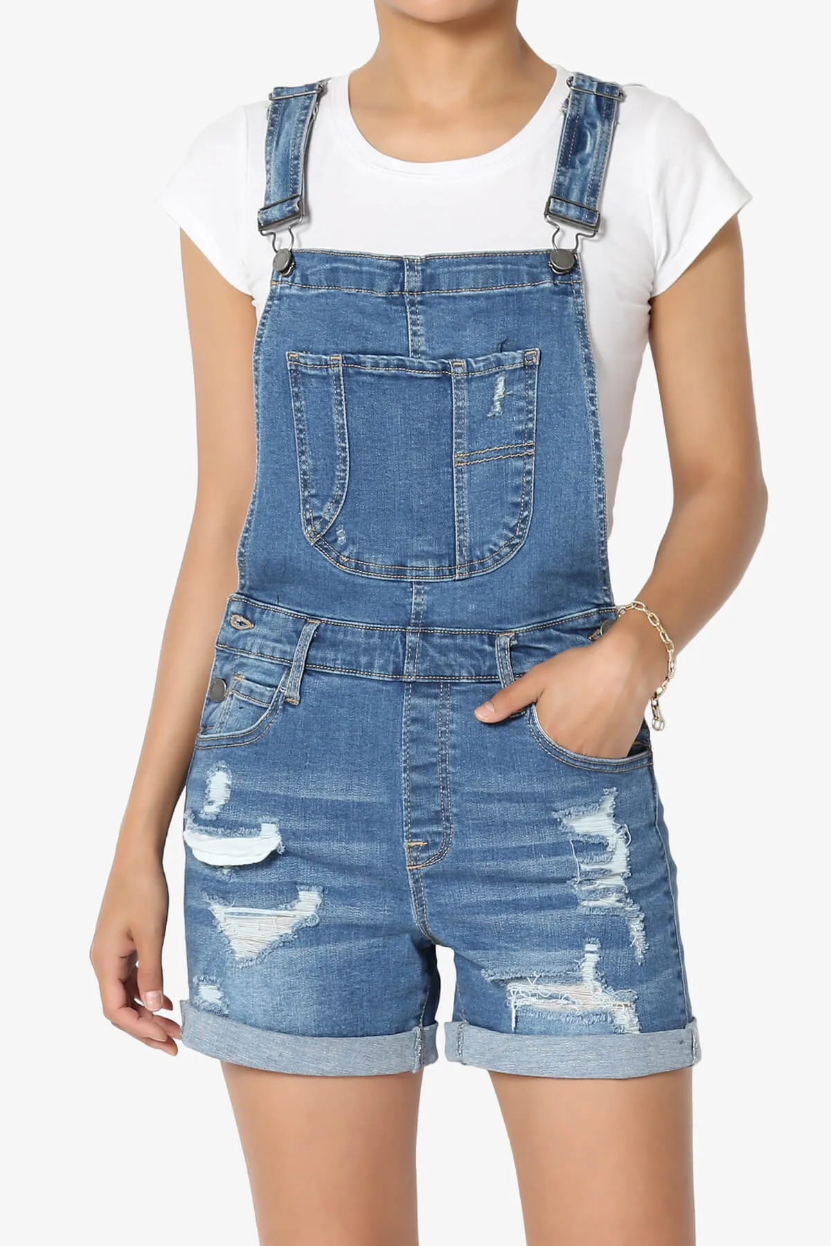 Roselita Distressed Denim Overall Shorts