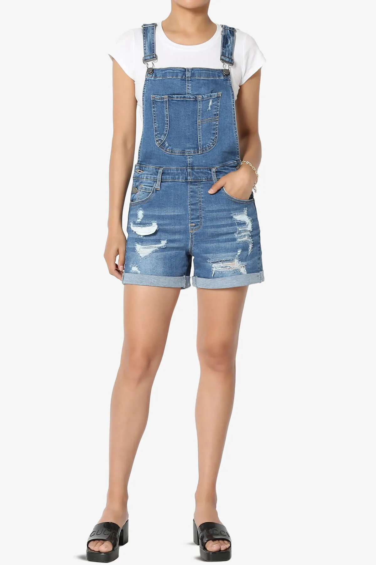 Roselita Distressed Denim Overall Shorts