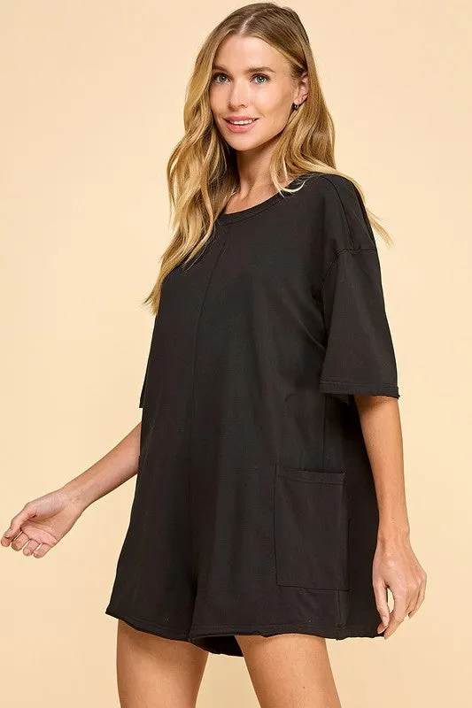 Round Neckline Side Pockets Loose Fit Romper