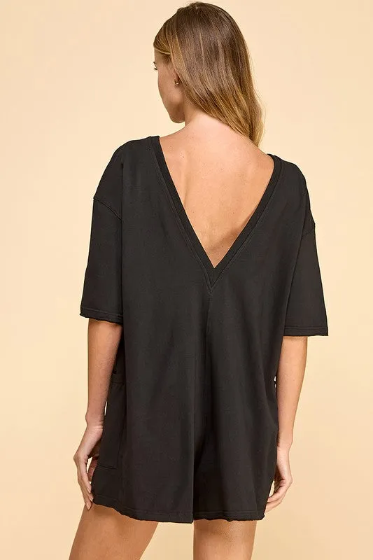 Round Neckline Side Pockets Loose Fit Romper
