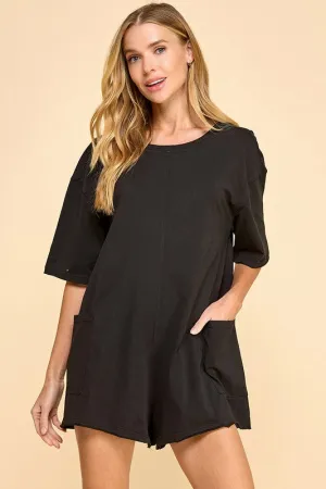 Round Neckline Side Pockets Loose Fit Romper