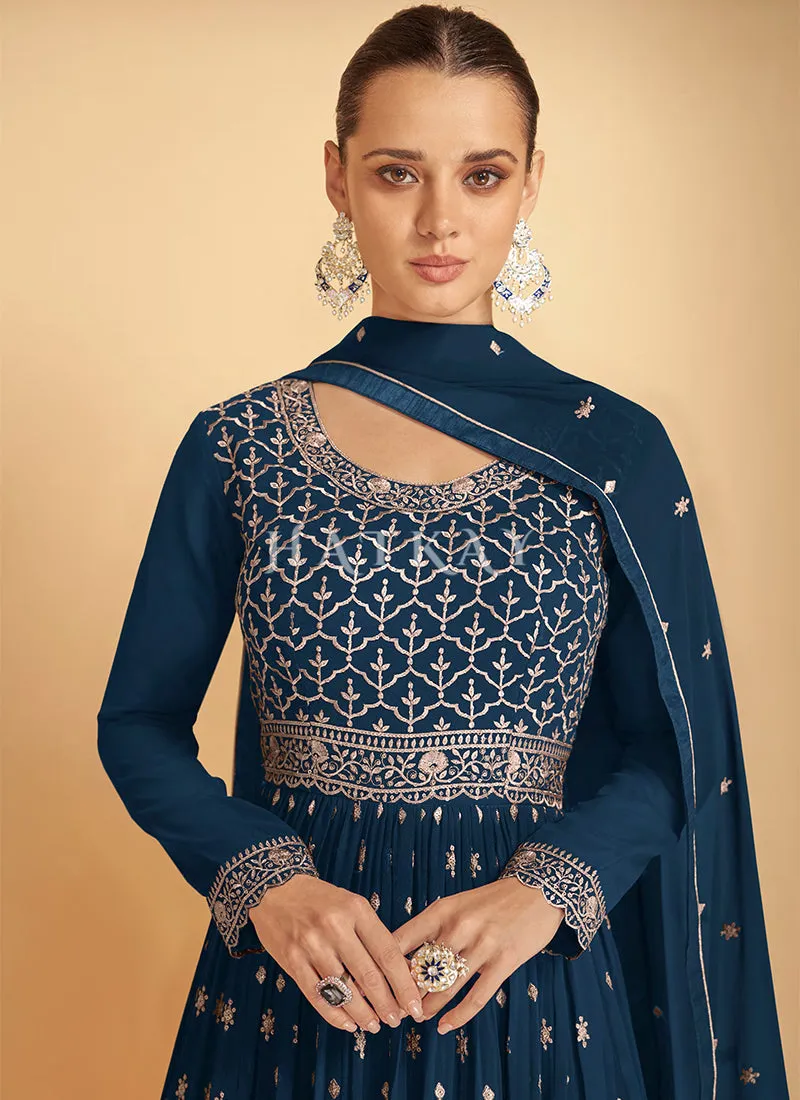 Royal Blue Embroidered Peplum Style Lehenga Kurti