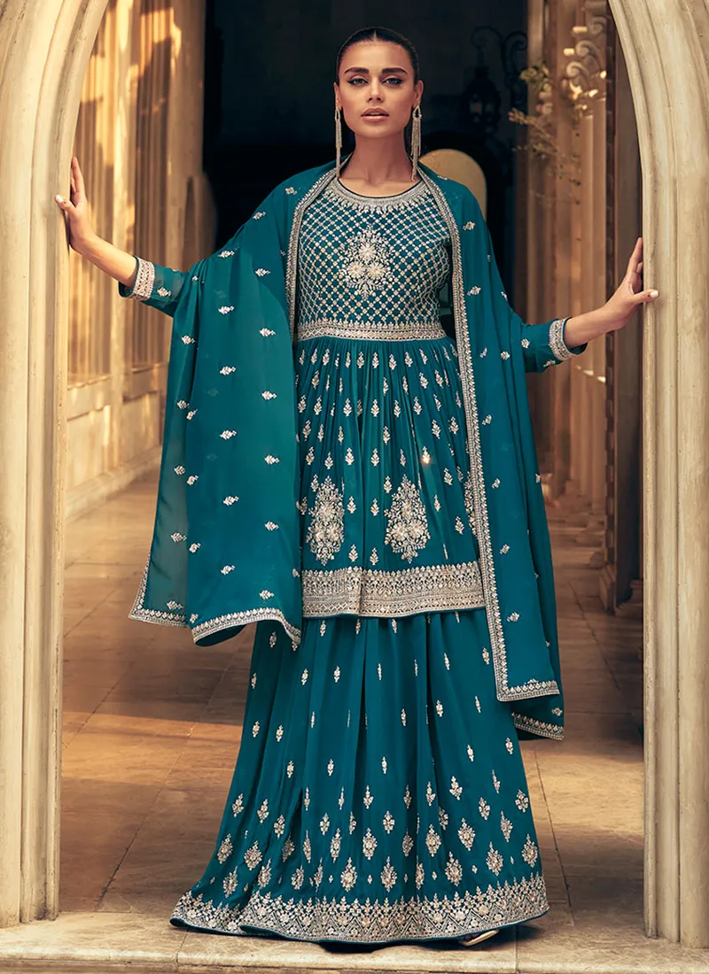 Royal Blue Reshamkari Embroidered Wedding Lehenga Kurti And Dupatta