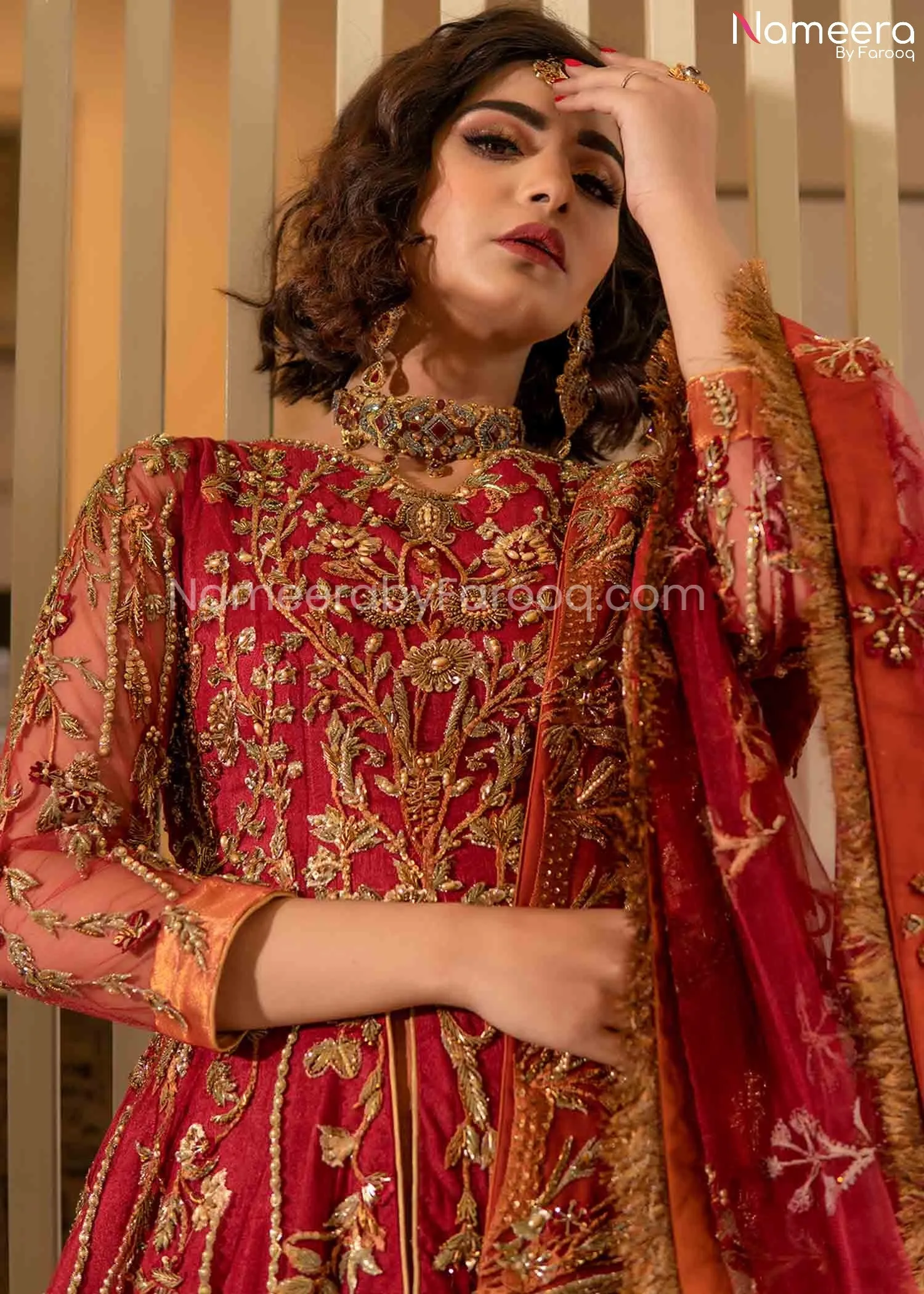 Royal Red Maxi Dress for Wedding with Embroidery #BR168