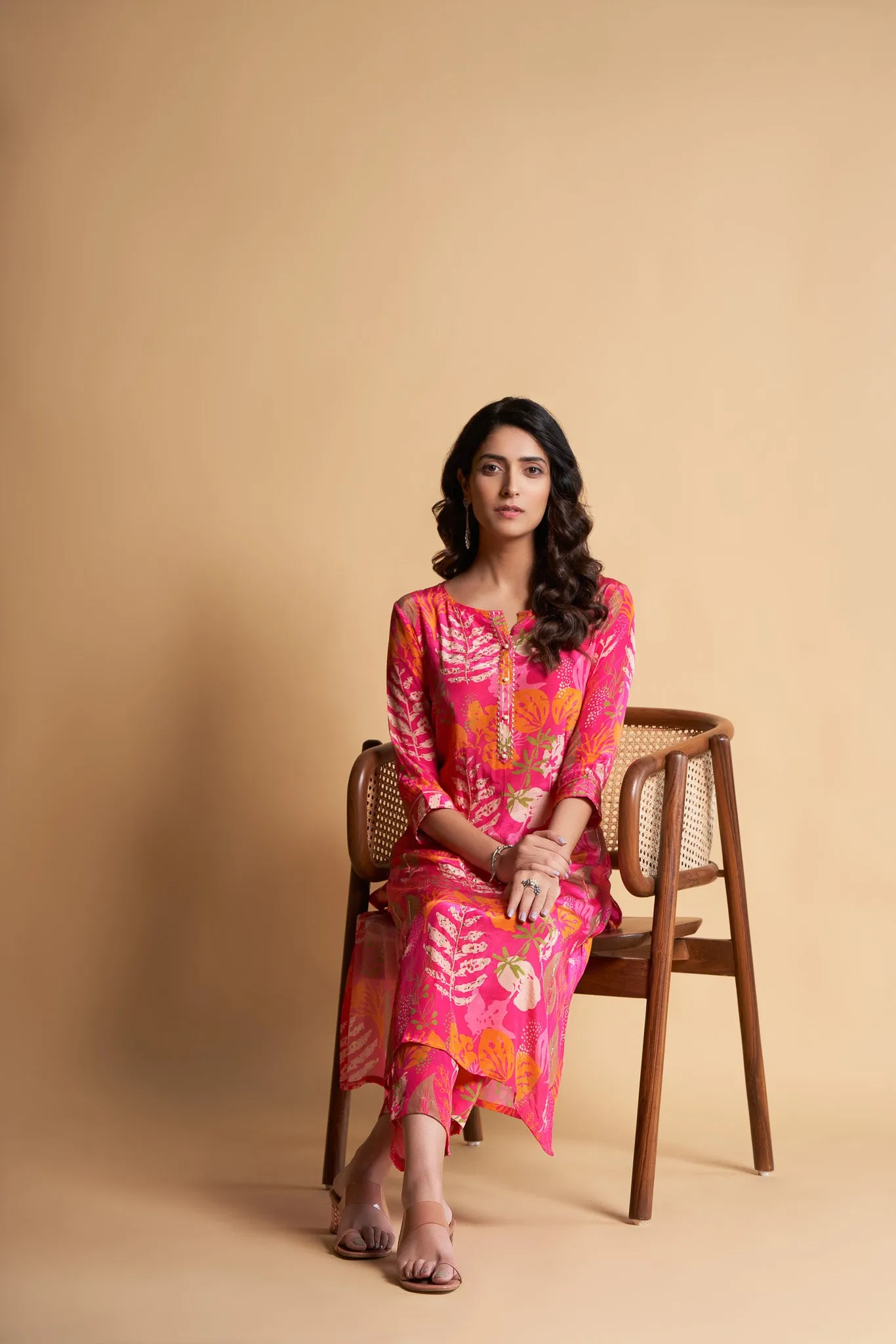 Ruby Pink Kurta with Printed Leafe and Hand Embroidery