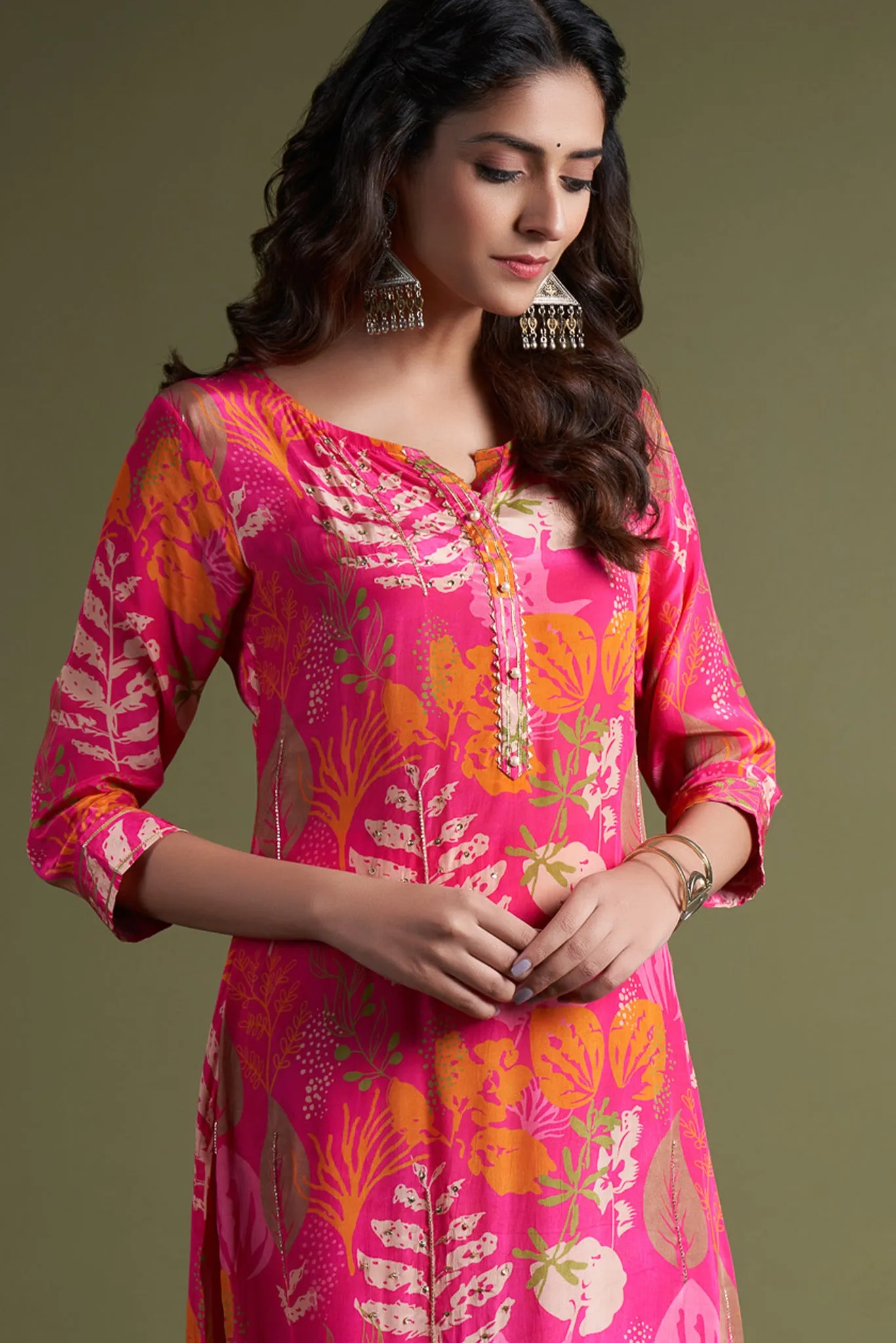 Ruby Pink Kurta with Printed Leafe and Hand Embroidery
