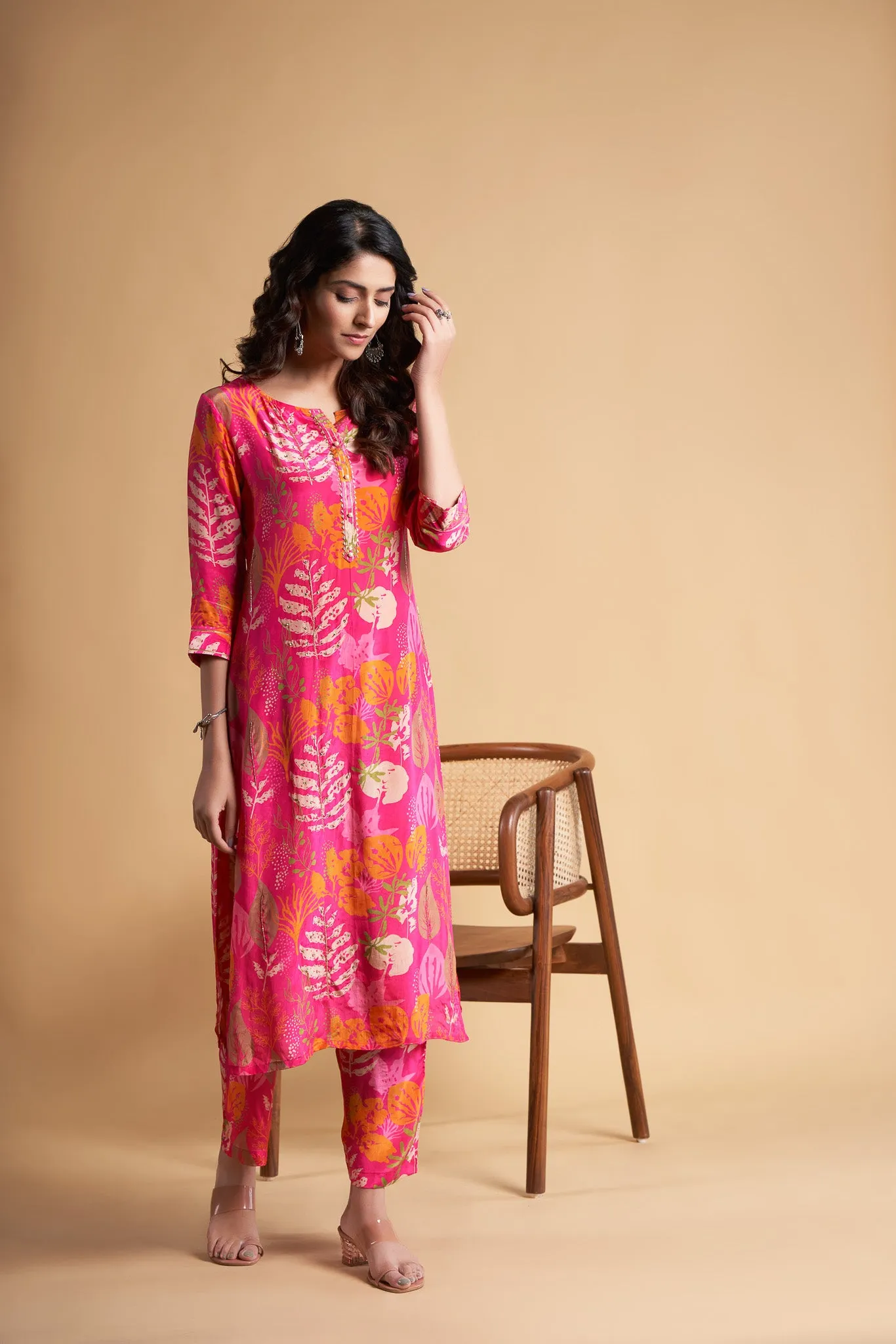 Ruby Pink Kurta with Printed Leafe and Hand Embroidery