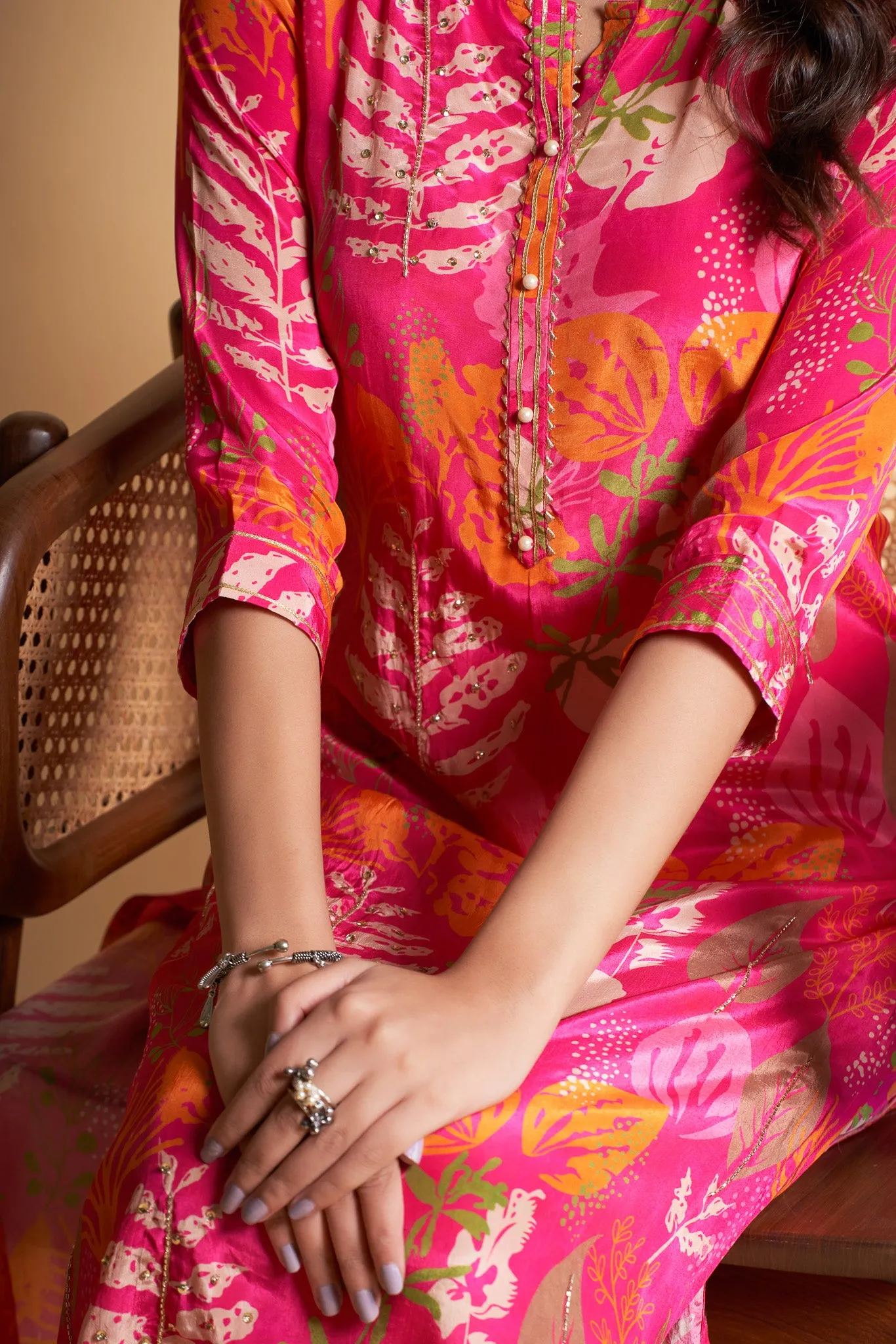 Ruby Pink Kurta with Printed Leafe and Hand Embroidery