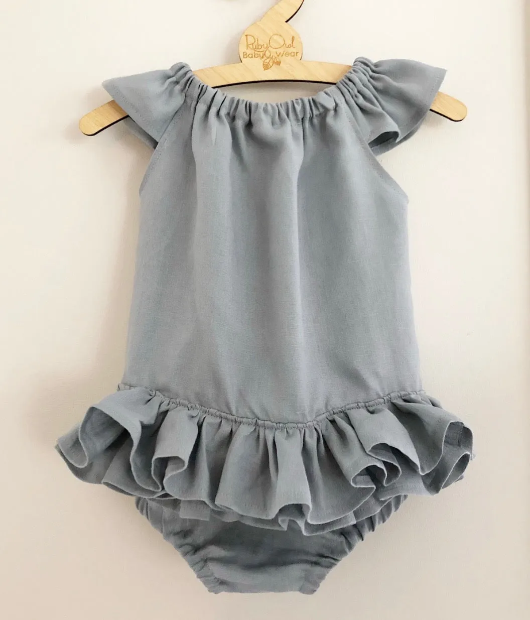 Ruffle Bum romper in linen or cotton choice of fabrics