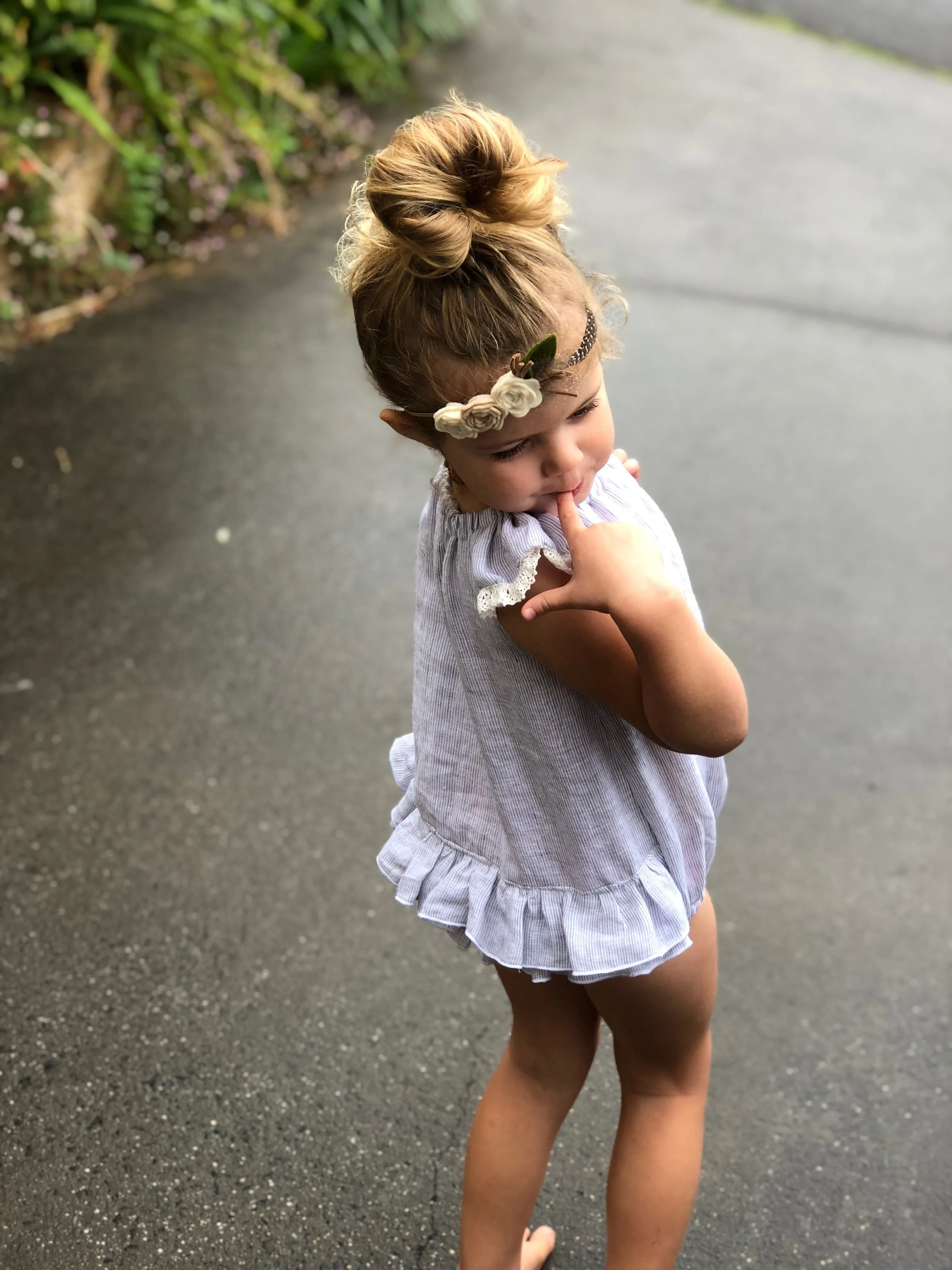 Ruffle Bum romper in linen or cotton choice of fabrics