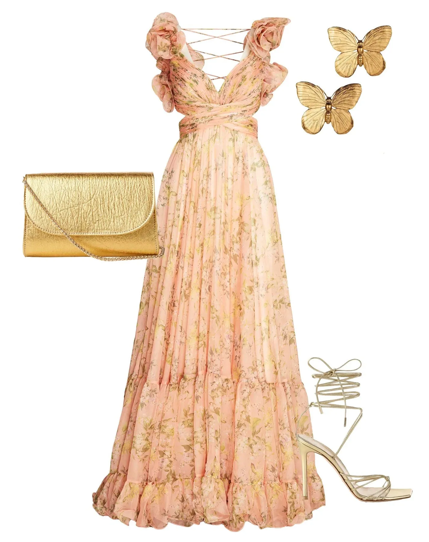Ruffle Tiered Floral Cut-Out Gown