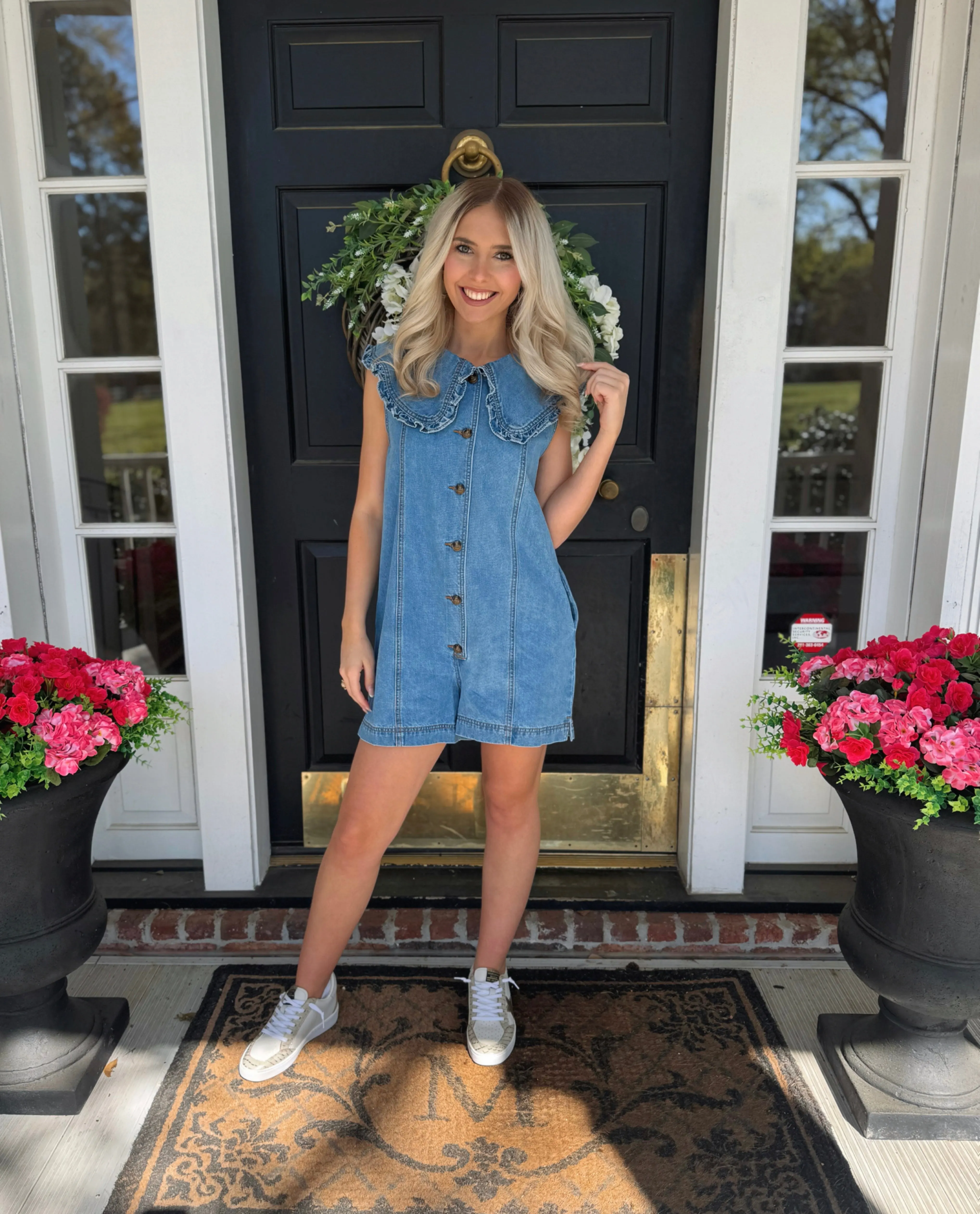 Ruffled Collar Denim Romper