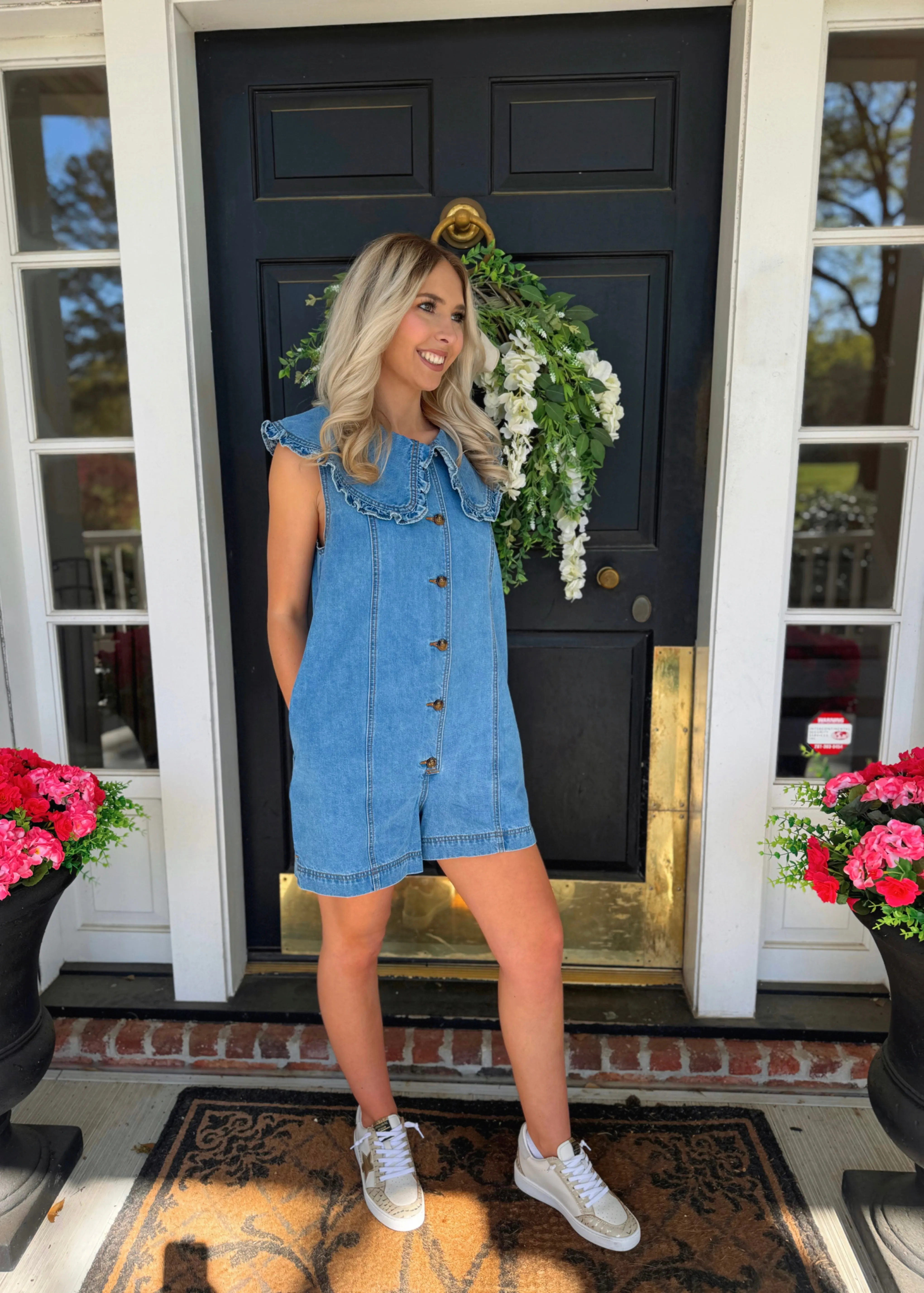 Ruffled Collar Denim Romper