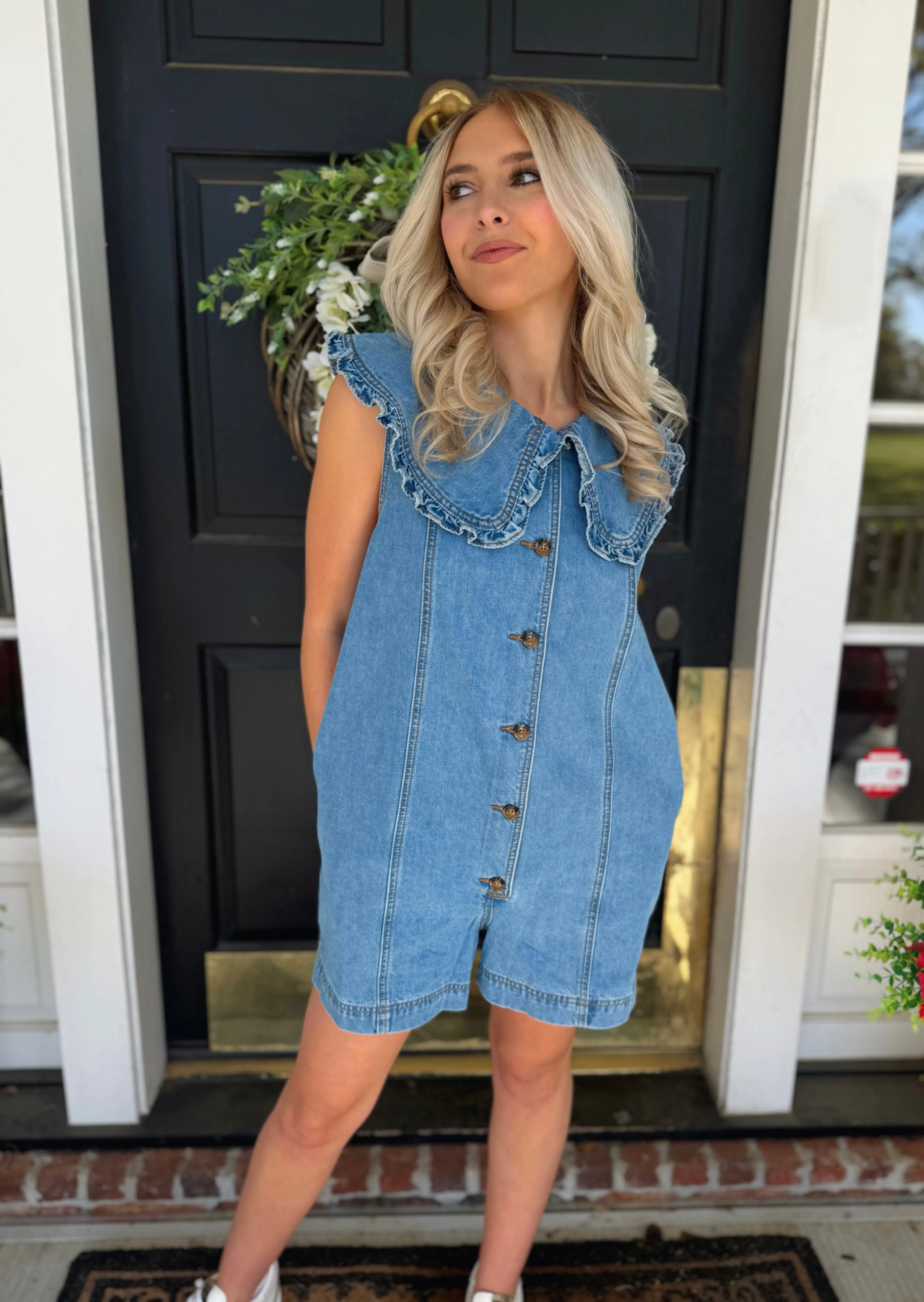 Ruffled Collar Denim Romper