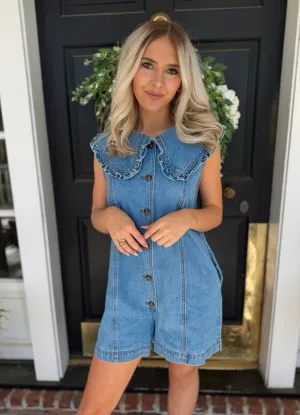 Ruffled Collar Denim Romper