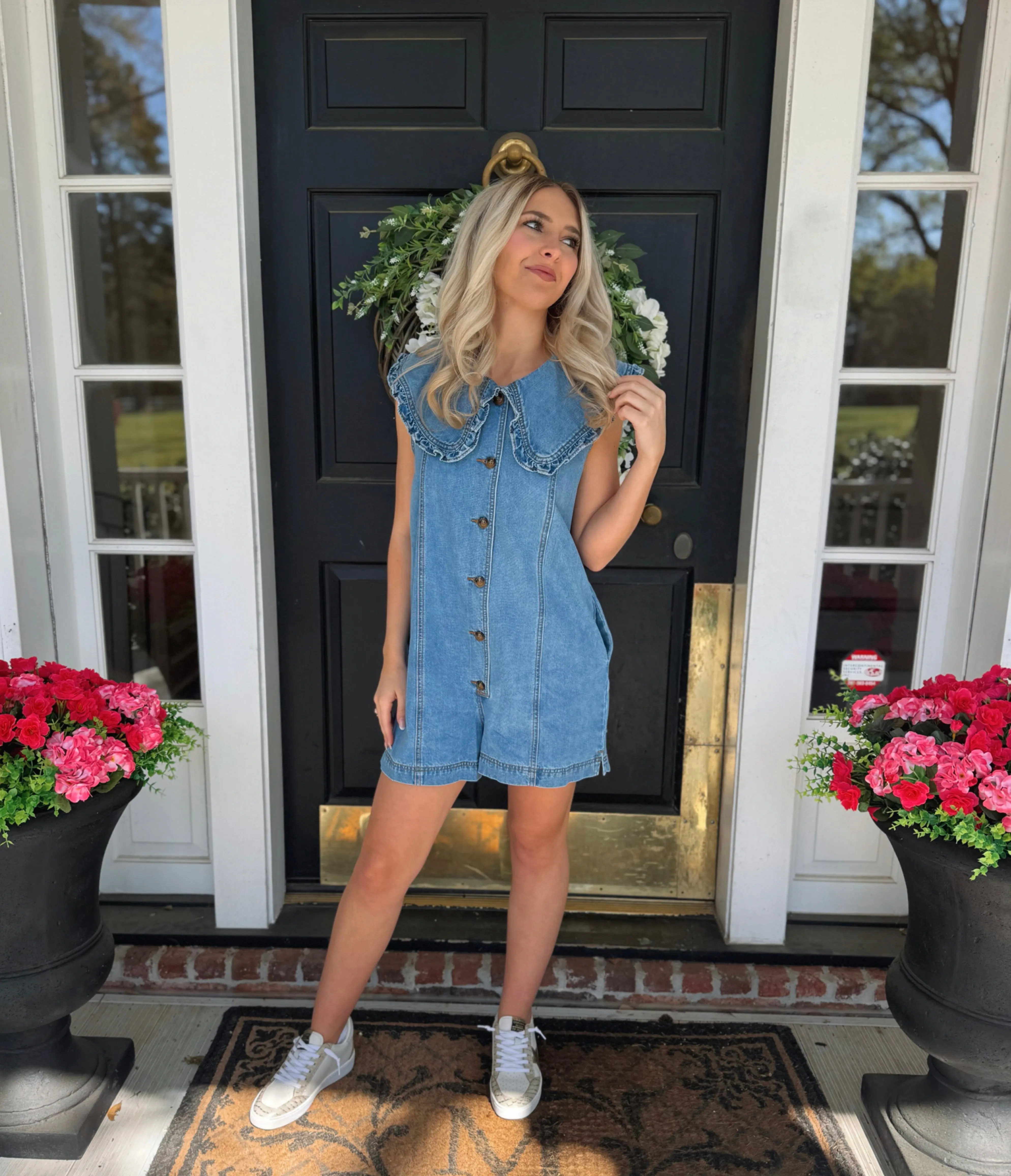 Ruffled Collar Denim Romper