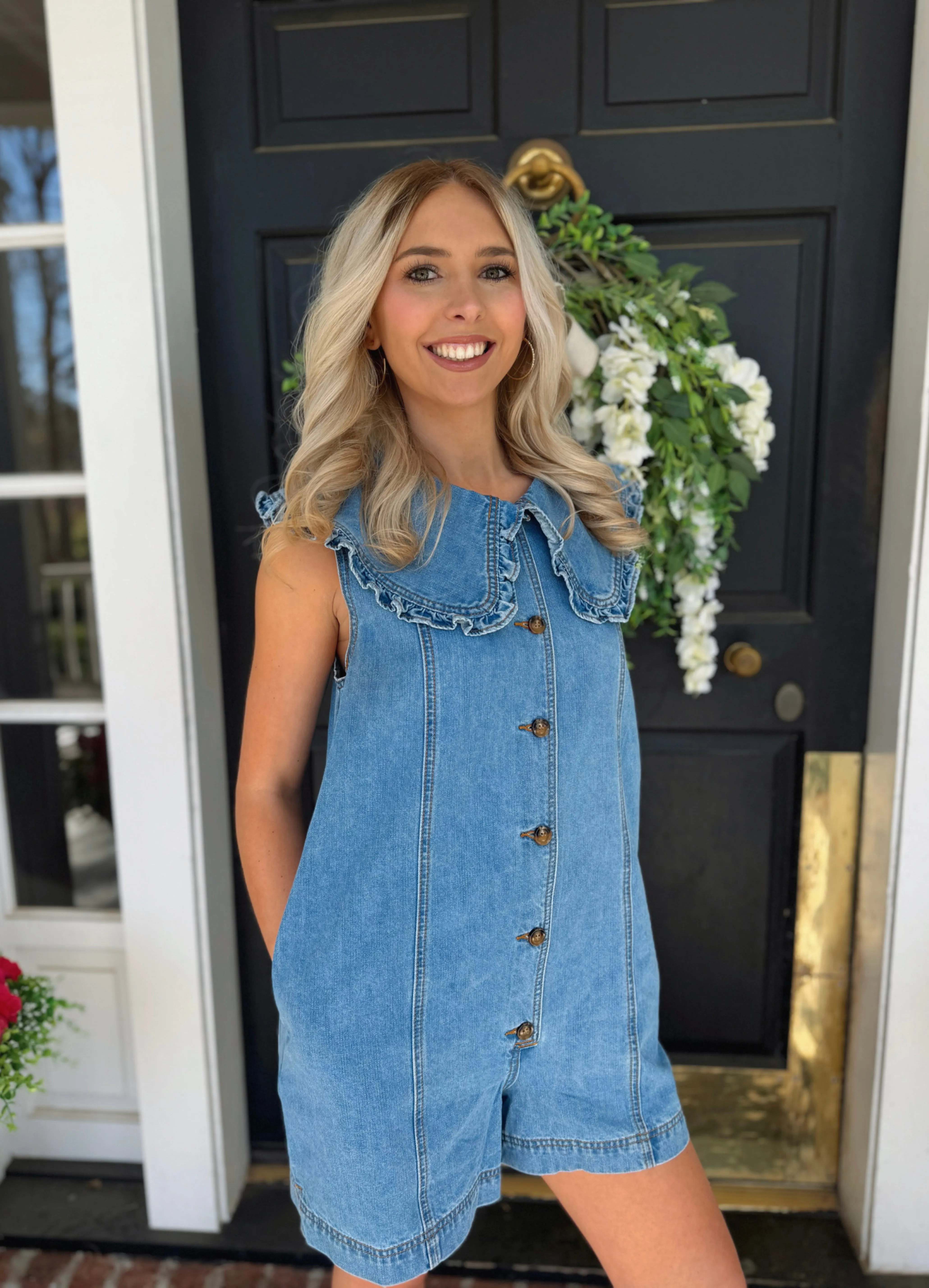 Ruffled Collar Denim Romper
