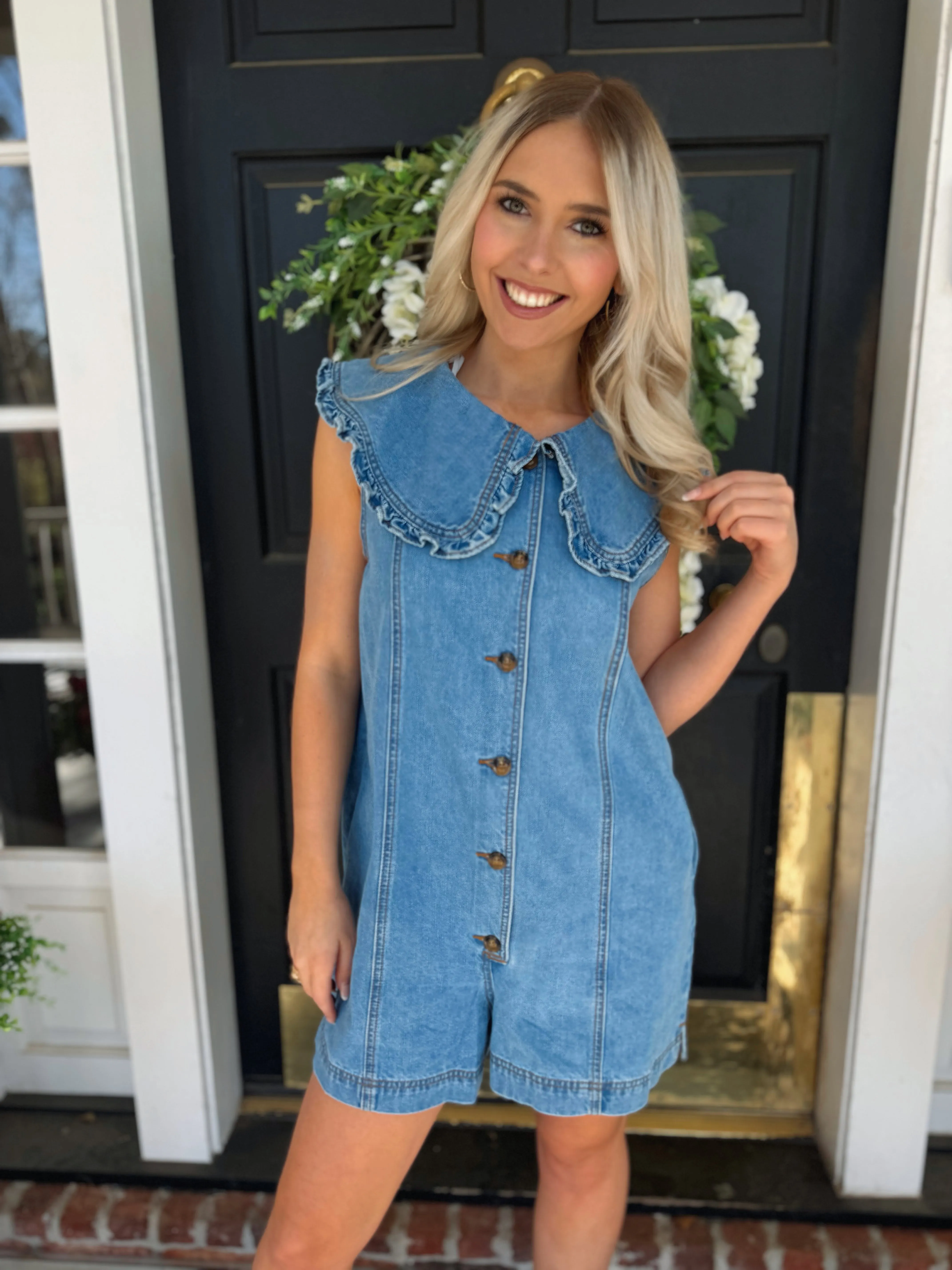 Ruffled Collar Denim Romper