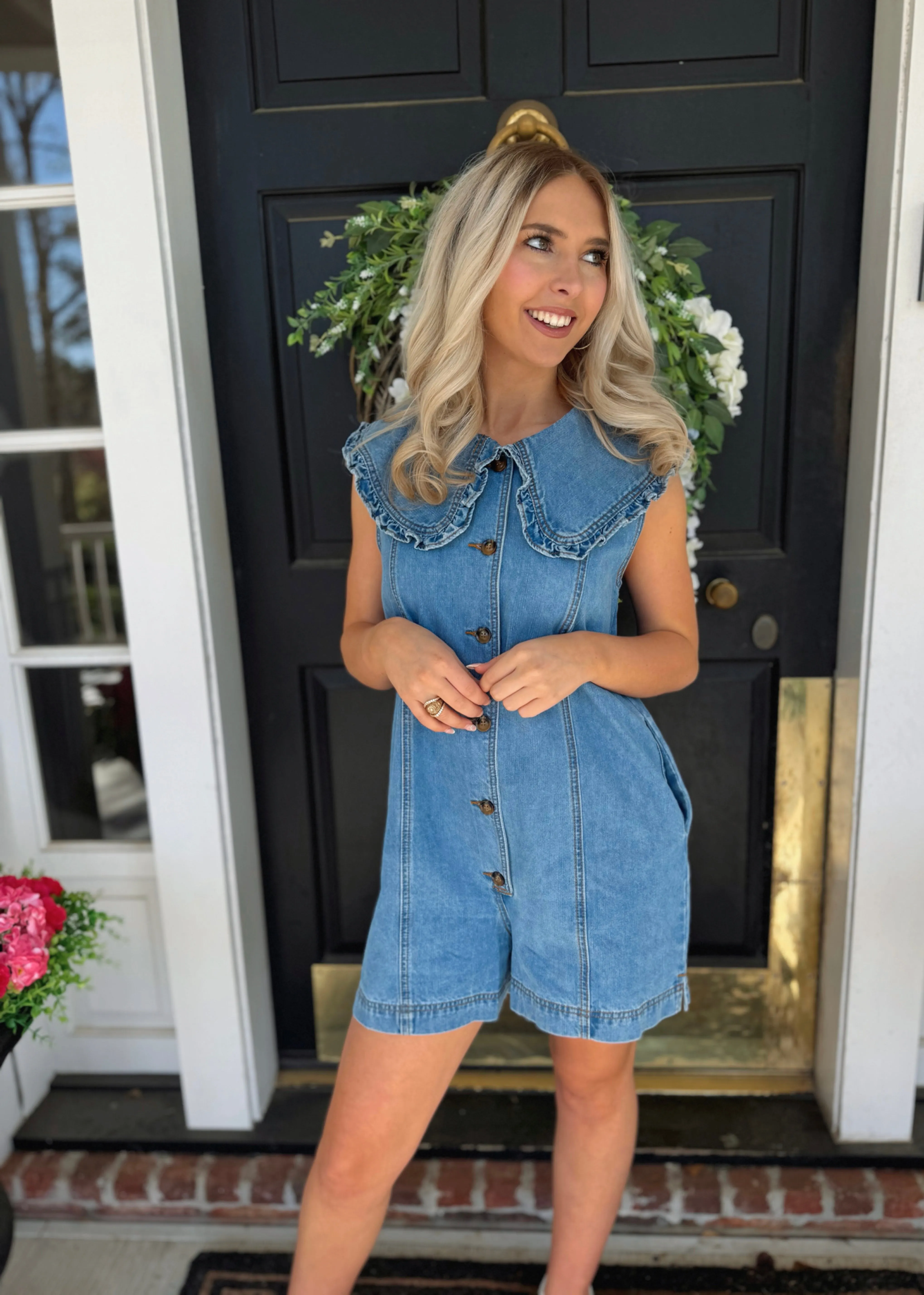 Ruffled Collar Denim Romper