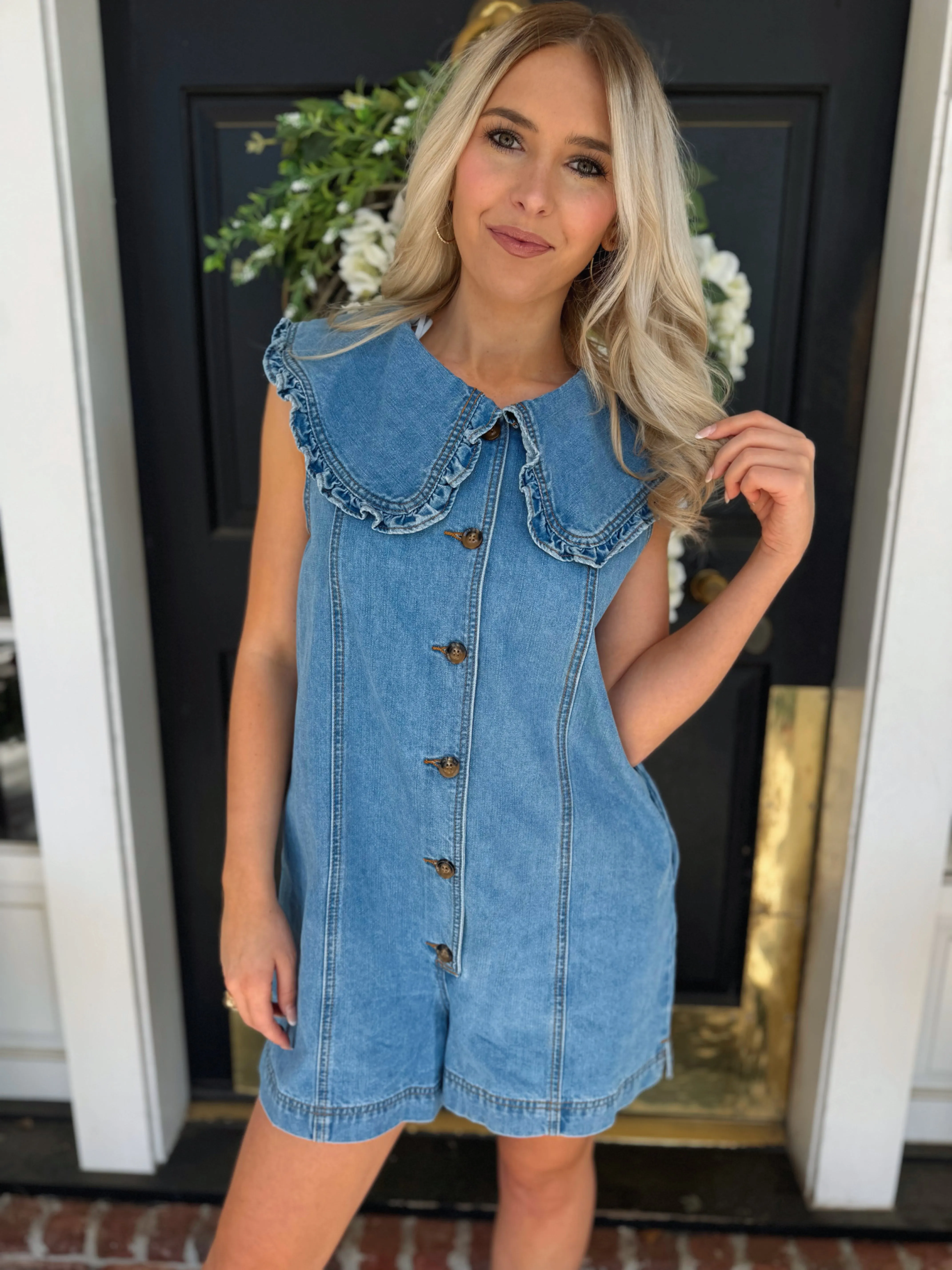Ruffled Collar Denim Romper