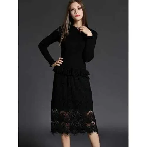 Ruffled Neck Lace Spliced Sheath Long Jumper Dress - Black Xl