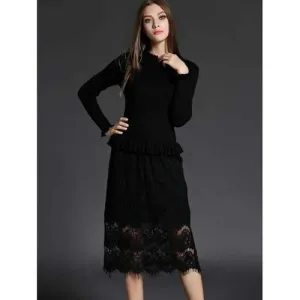 Ruffled Neck Lace Spliced Sheath Long Jumper Dress - Black Xl