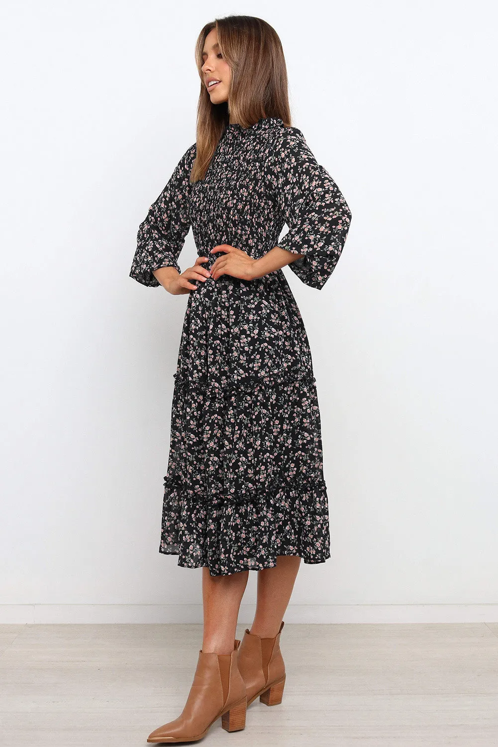 Ruffled Neck Lantern Sleeve Tiered Floral Dress