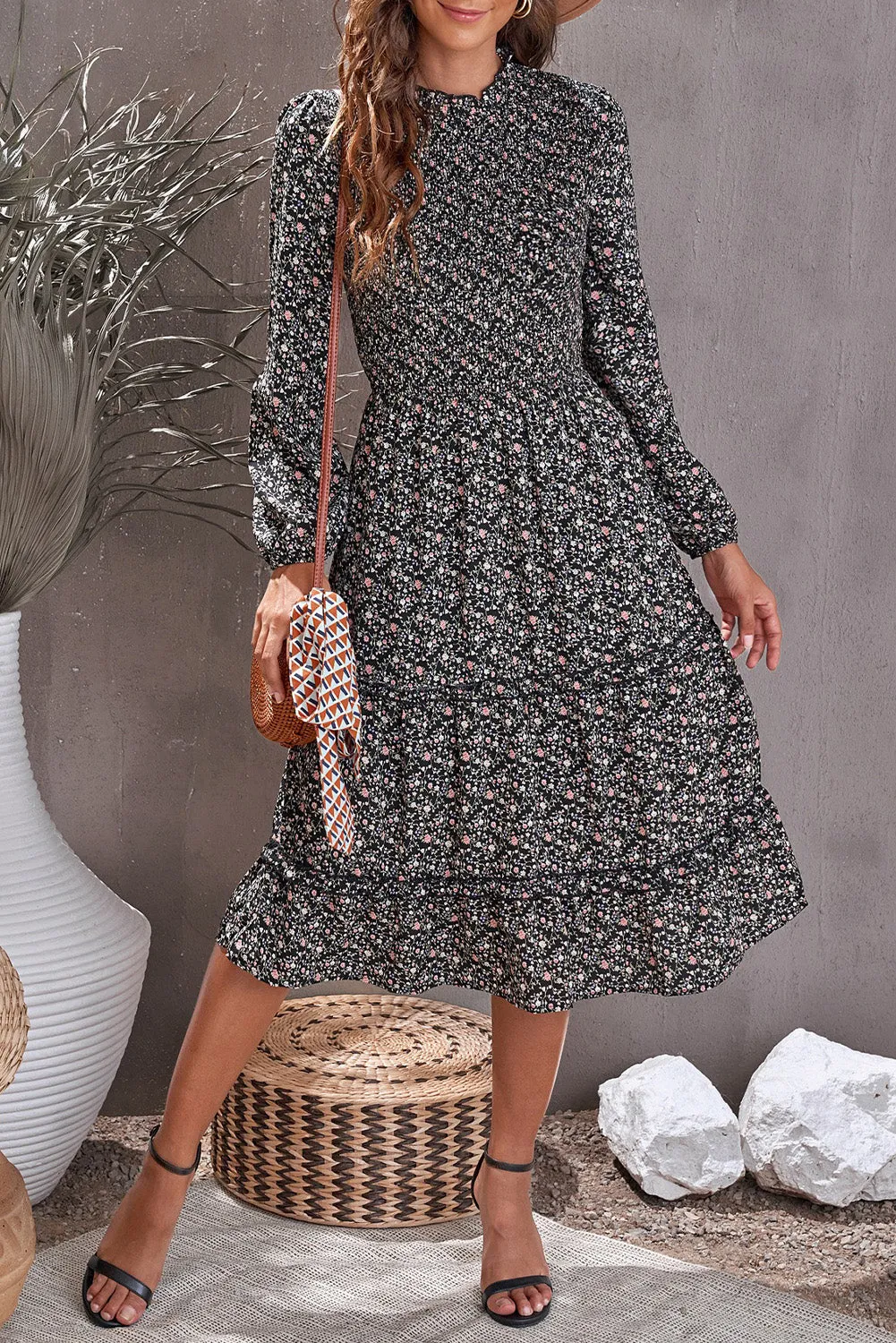 Ruffled Neck Lantern Sleeve Tiered Floral Dress