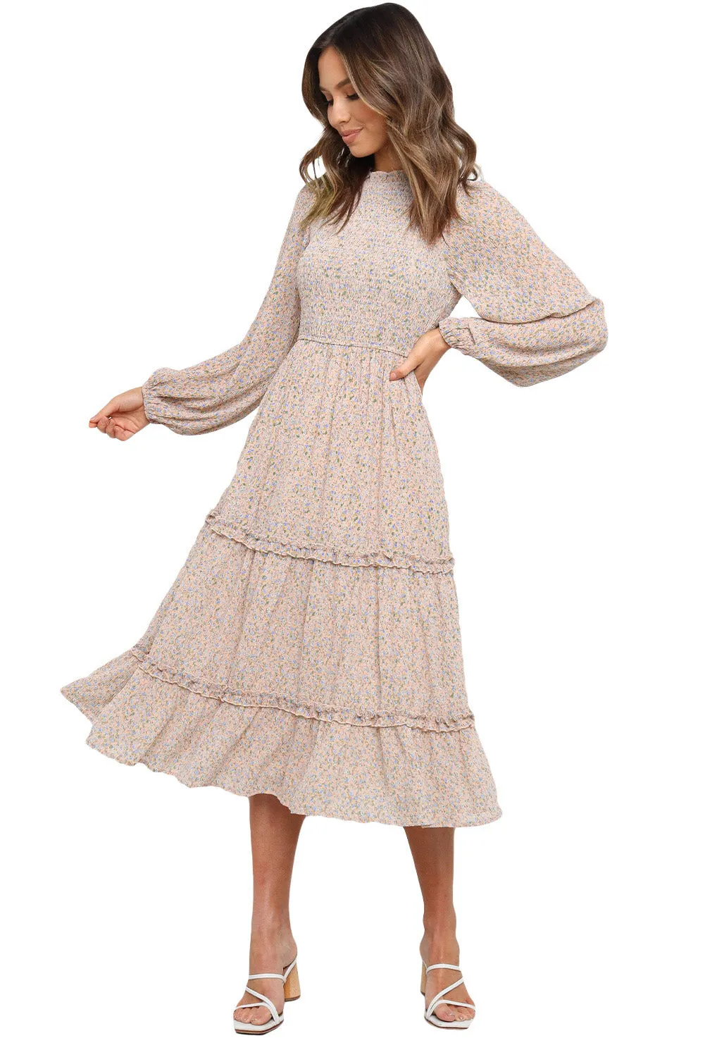 Ruffled Neck Lantern Sleeve Tiered Floral Dress