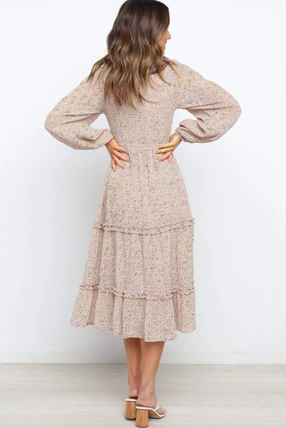 Ruffled Neck Lantern Sleeve Tiered Floral Dress