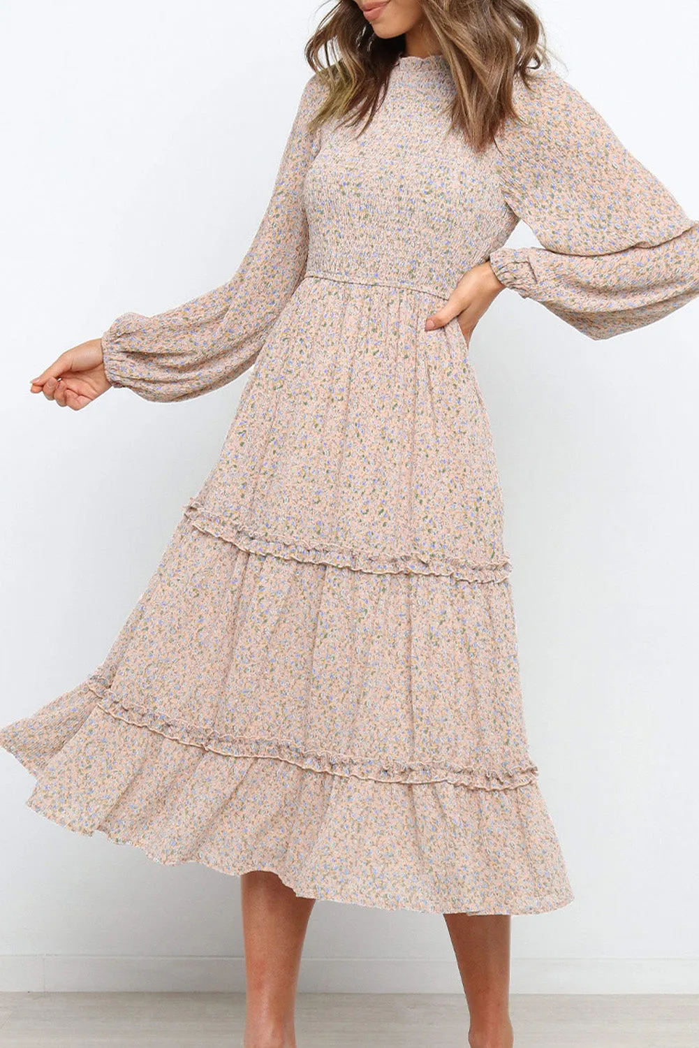 Ruffled Neck Lantern Sleeve Tiered Floral Dress