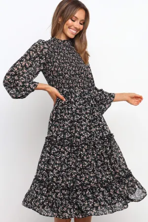 Ruffled Neck Lantern Sleeve Tiered Floral Dress