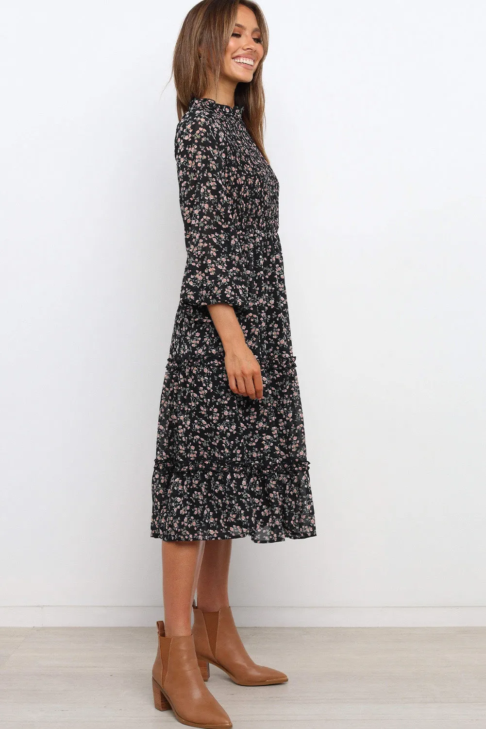Ruffled Neck Lantern Sleeve Tiered Floral Dress