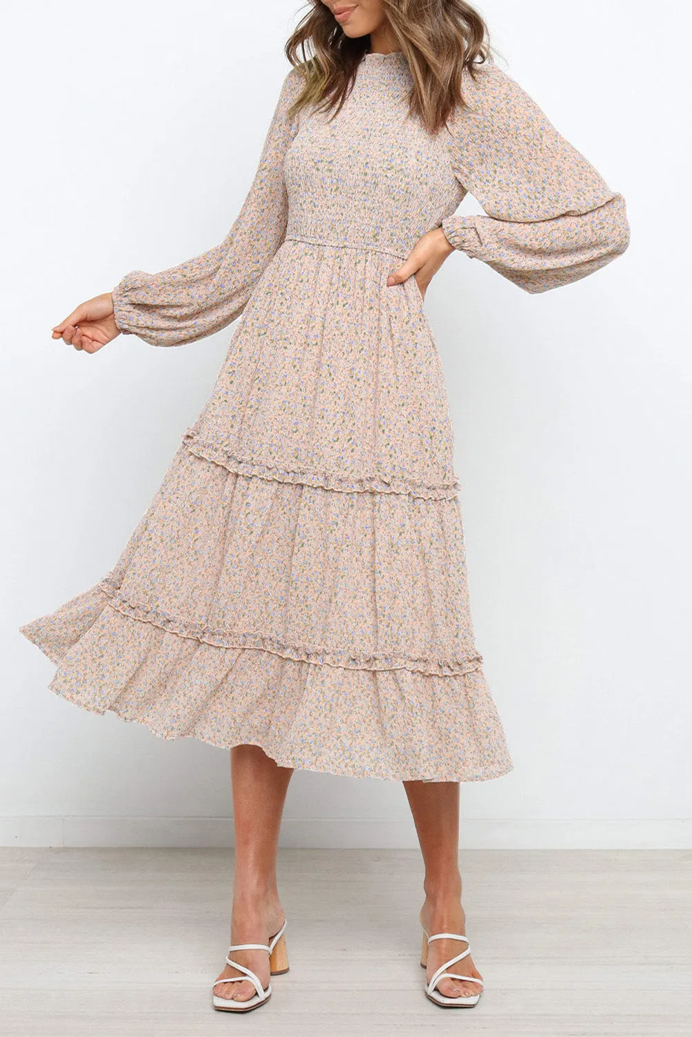Ruffled Neck Lantern Sleeve Tiered Floral Dress