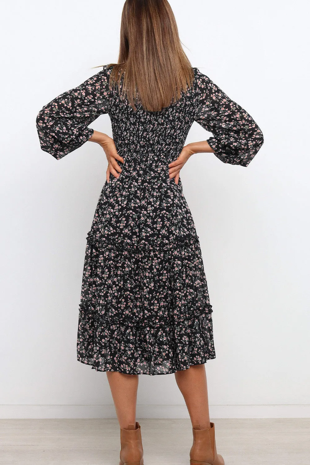 Ruffled Neck Lantern Sleeve Tiered Floral Dress