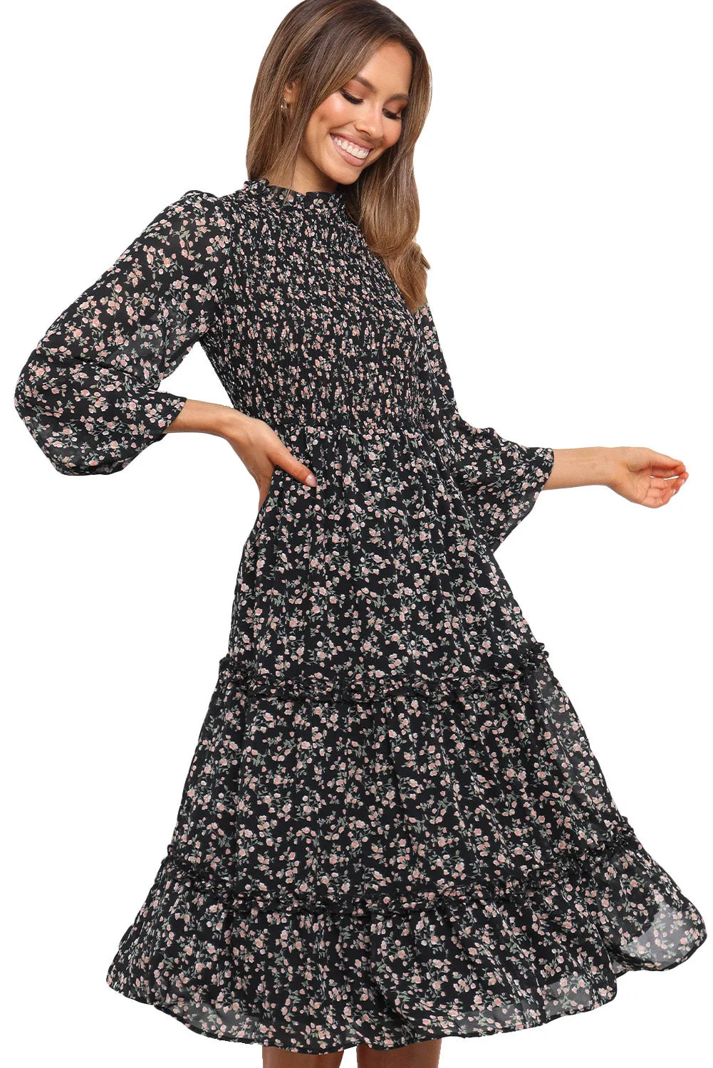 Ruffled Neck Lantern Sleeve Tiered Floral Dress