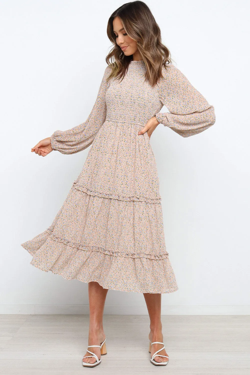 Ruffled Neck Lantern Sleeve Tiered Floral Dress