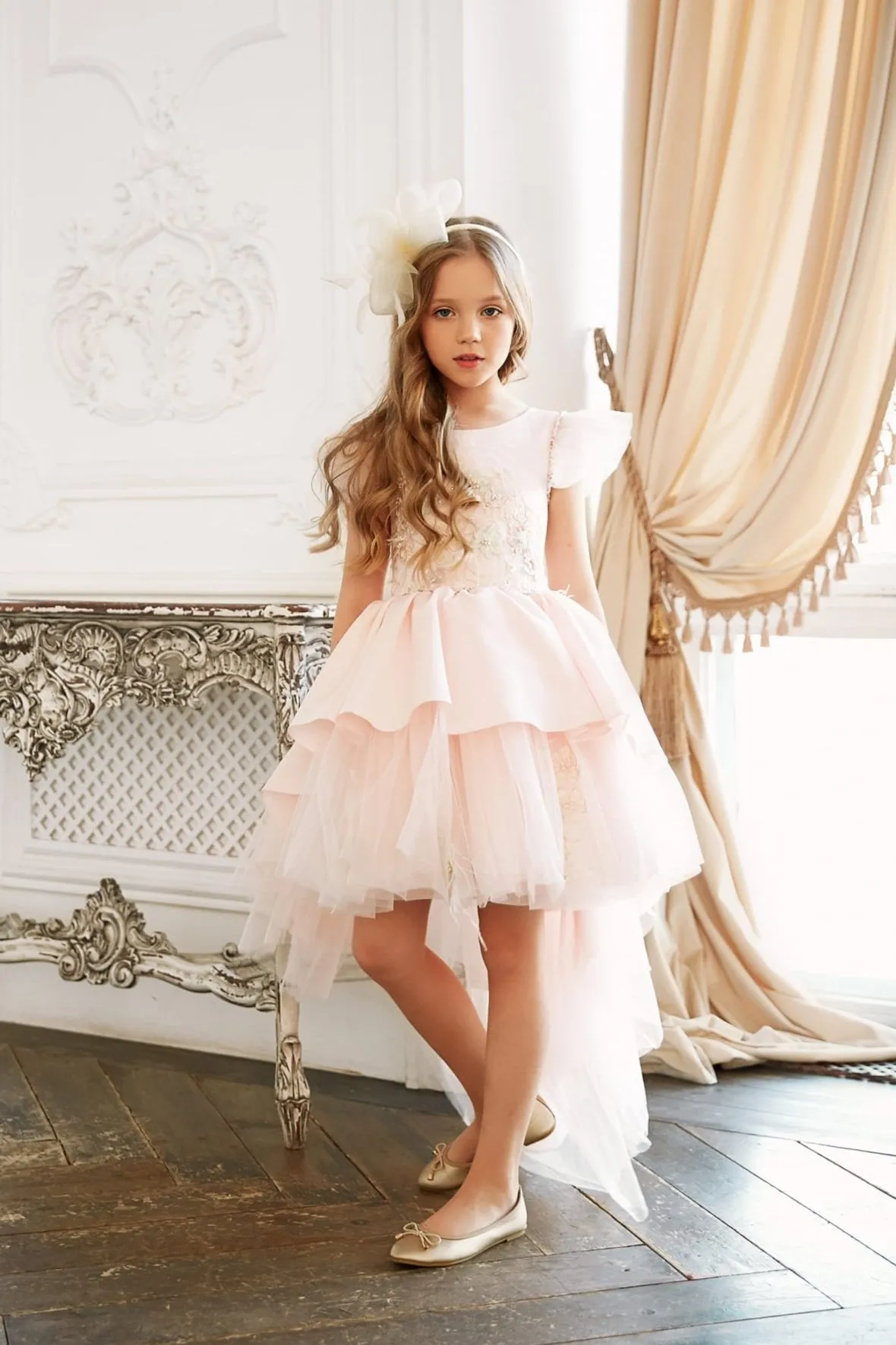 Ruffled Satin High-Low Flower girl Dress
