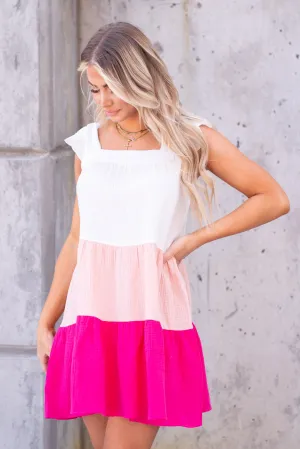 Ruffled Sleeveless Color Block Dress - Fuchsia