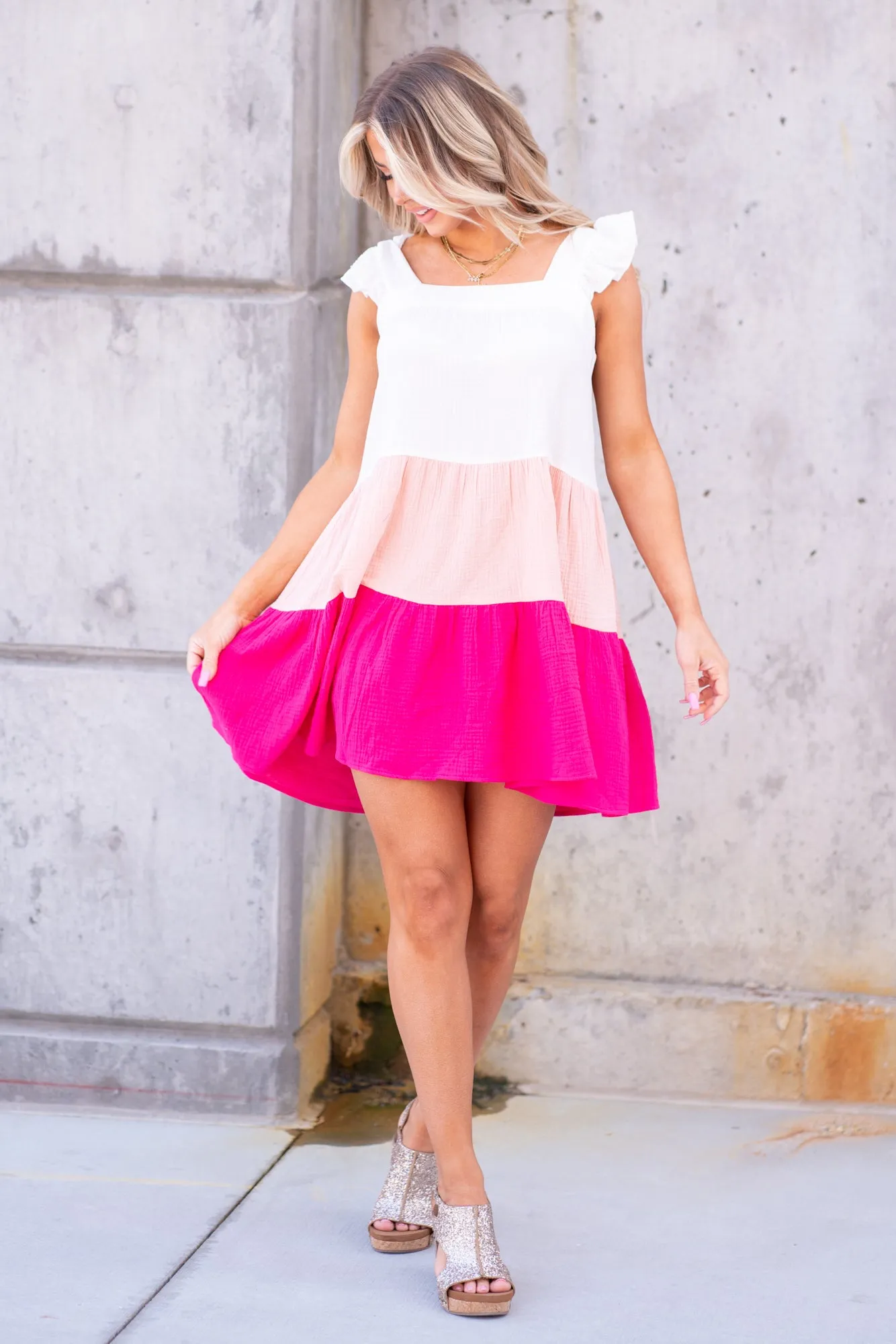 Ruffled Sleeveless Color Block Dress - Fuchsia