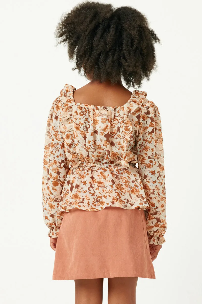 Ruffled Square Neck Long Sleeve Peplum