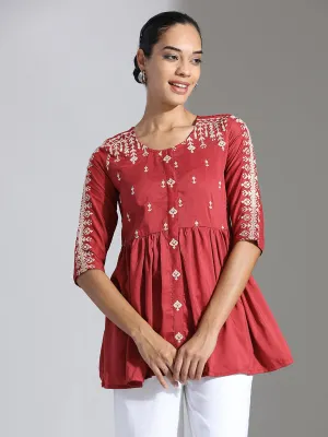Rust Embroidered Party Wear Peplum Top