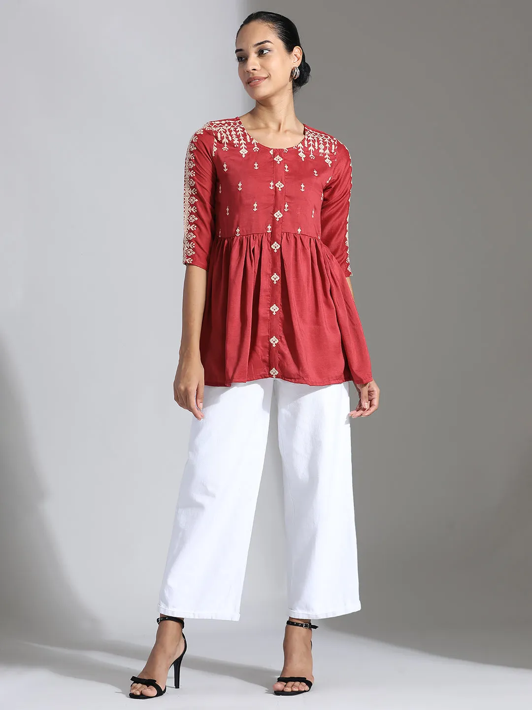 Rust Embroidered Party Wear Peplum Top