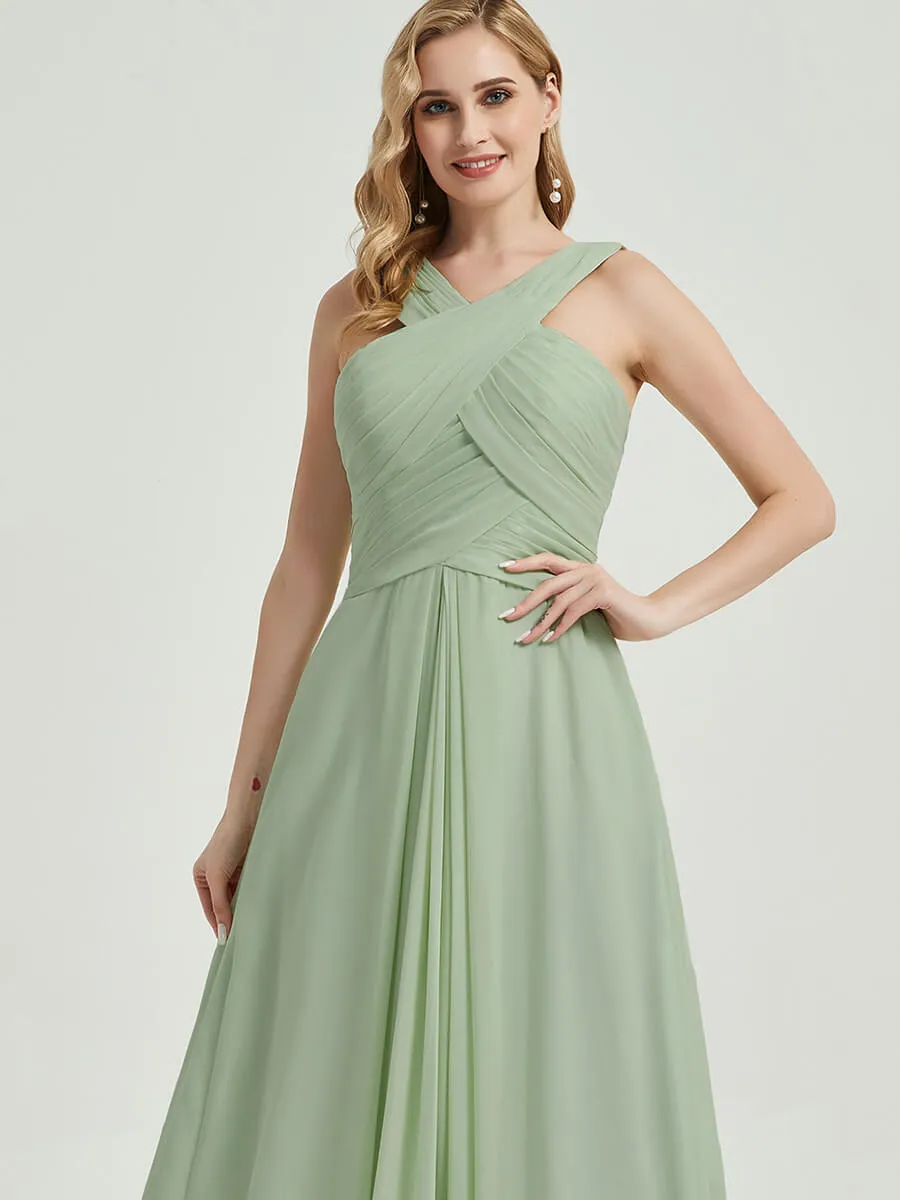 Rusty Red Pleated Chiffon Cross-Neck A-Line Maxi Bridesmaid Dress