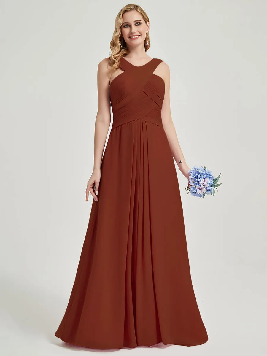 Rusty Red Pleated Chiffon Cross-Neck A-Line Maxi Bridesmaid Dress