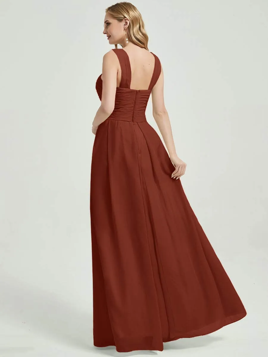 Rusty Red Pleated Chiffon Cross-Neck A-Line Maxi Bridesmaid Dress