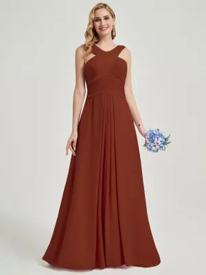 Rusty Red Pleated Chiffon Cross-Neck A-Line Maxi Bridesmaid Dress